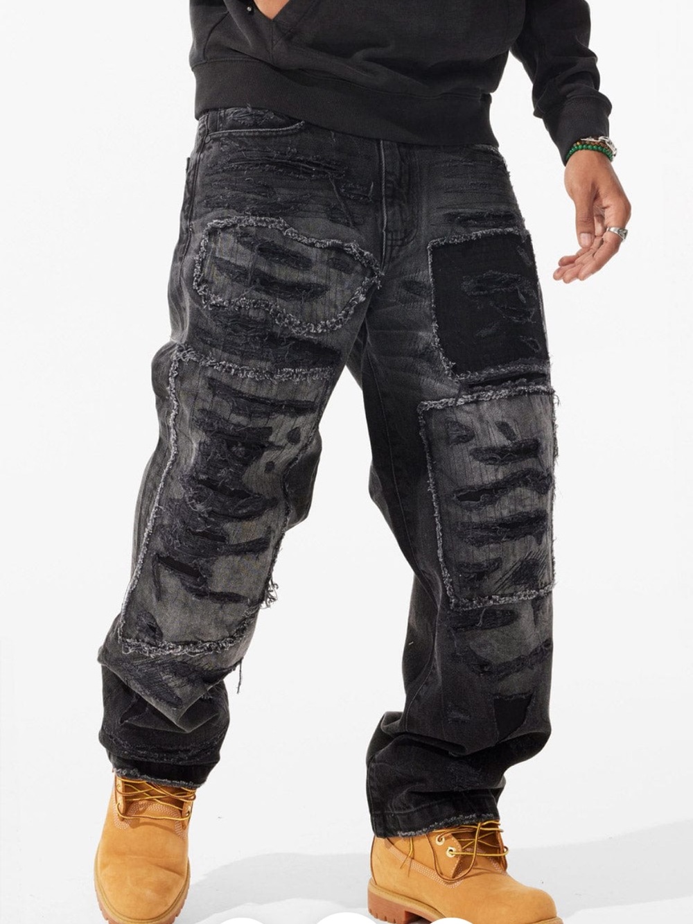 Jordan Craig Black Distressed Baggy Loose Jeans in Black Shadow